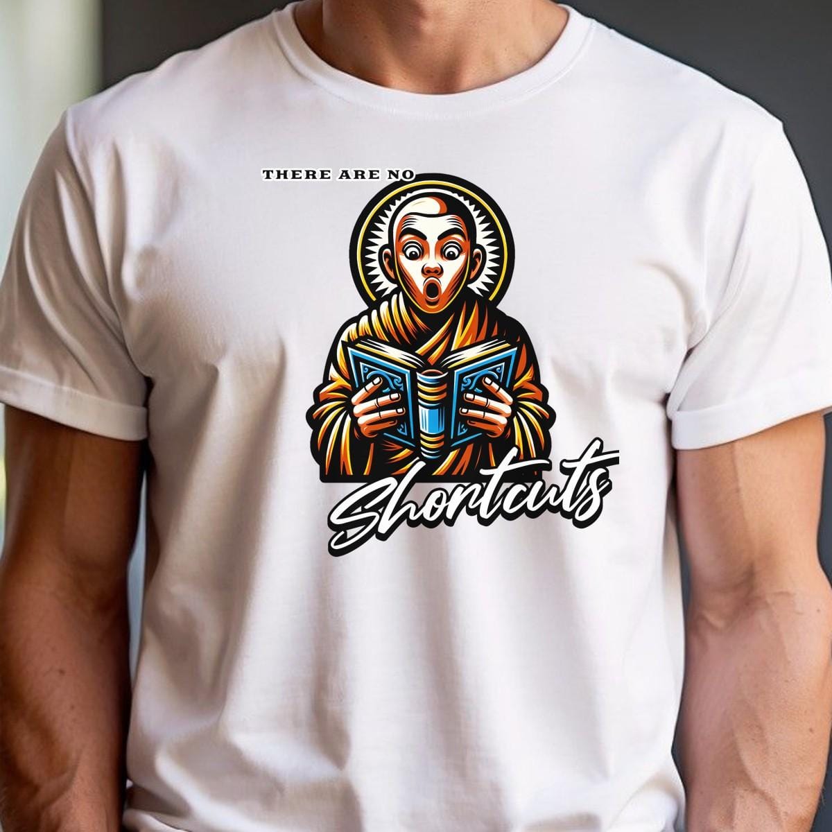 "Bold 'There Are No Shortcuts' gym T-shirt featuring motivational design, perfect for workouts and casual wear, celebrating fitness dedication."
