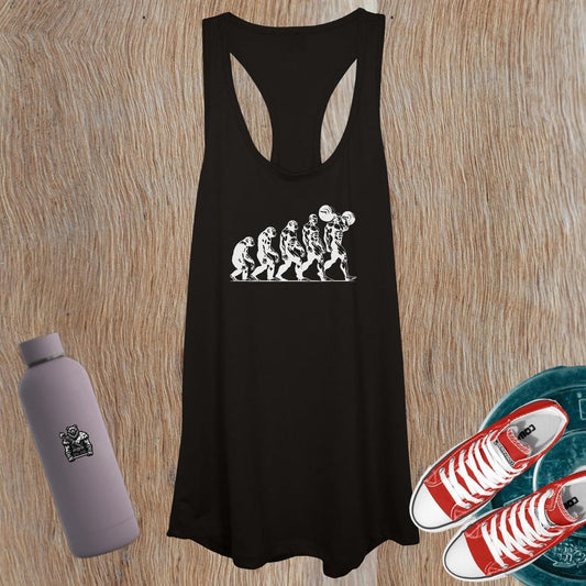 "Women's fitness tank top with unique evolution design, promoting strength and empowerment for workouts or casual wear. Stylish and functional."