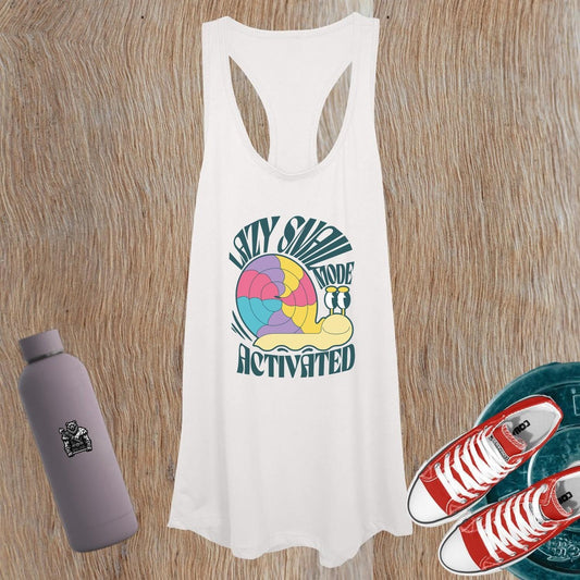 "Women's Lazy Snail Mode Activated tank top featuring a playful snail graphic, perfect for gym or casual wear. Comfortable and stylish."