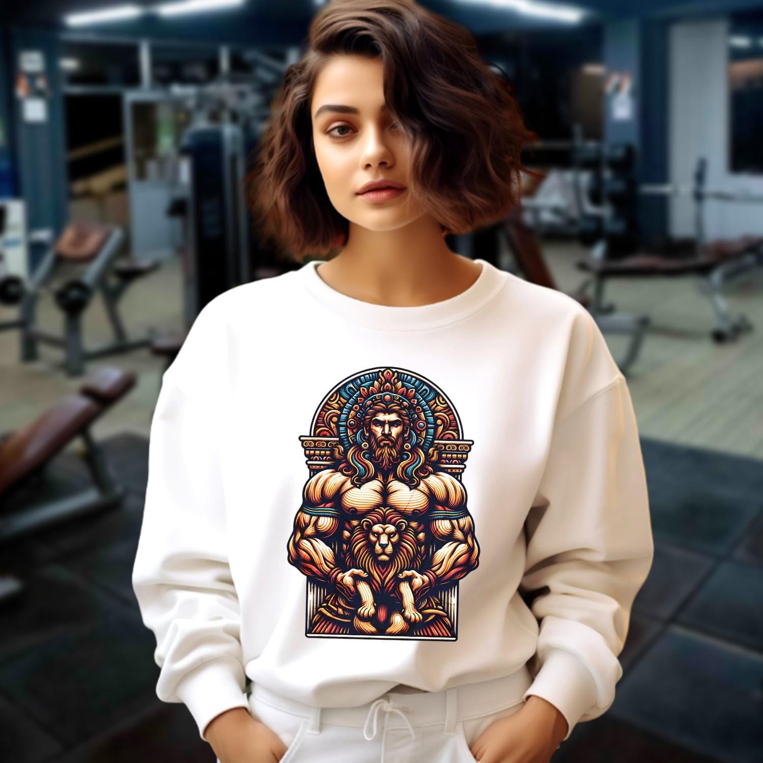 "Bold graphic sweatshirt featuring muscular figure and lion design, symbolizing strength, resilience, and courage for gym enthusiasts."