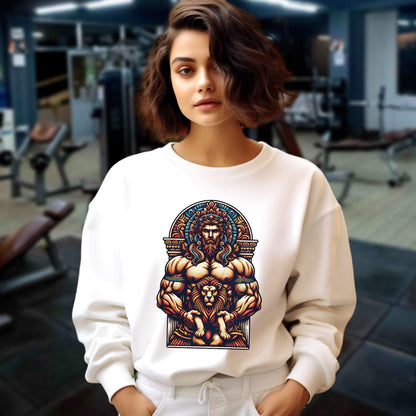 "Bold graphic sweatshirt featuring muscular figure and lion design, symbolizing strength, resilience, and courage for gym enthusiasts."