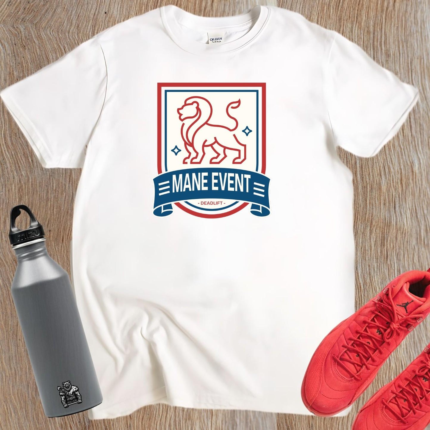 "Bold lion emblem on a 'Mane Event' deadlift T-shirt, symbolizing strength and determination for serious gym enthusiasts."