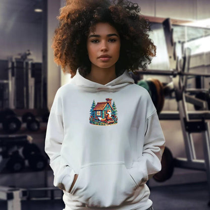 Vibrant gym hoodie featuring a playful fox against a cozy cabin backdrop, perfect for workouts or casual outings. Embrace style!