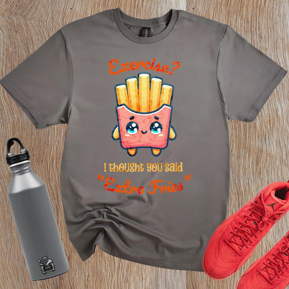 Alt text: "Humorous gym T-shirt featuring the phrase 'Exercise? I thought you said Extra Fries' in playful typography. Ideal for fitness lovers."