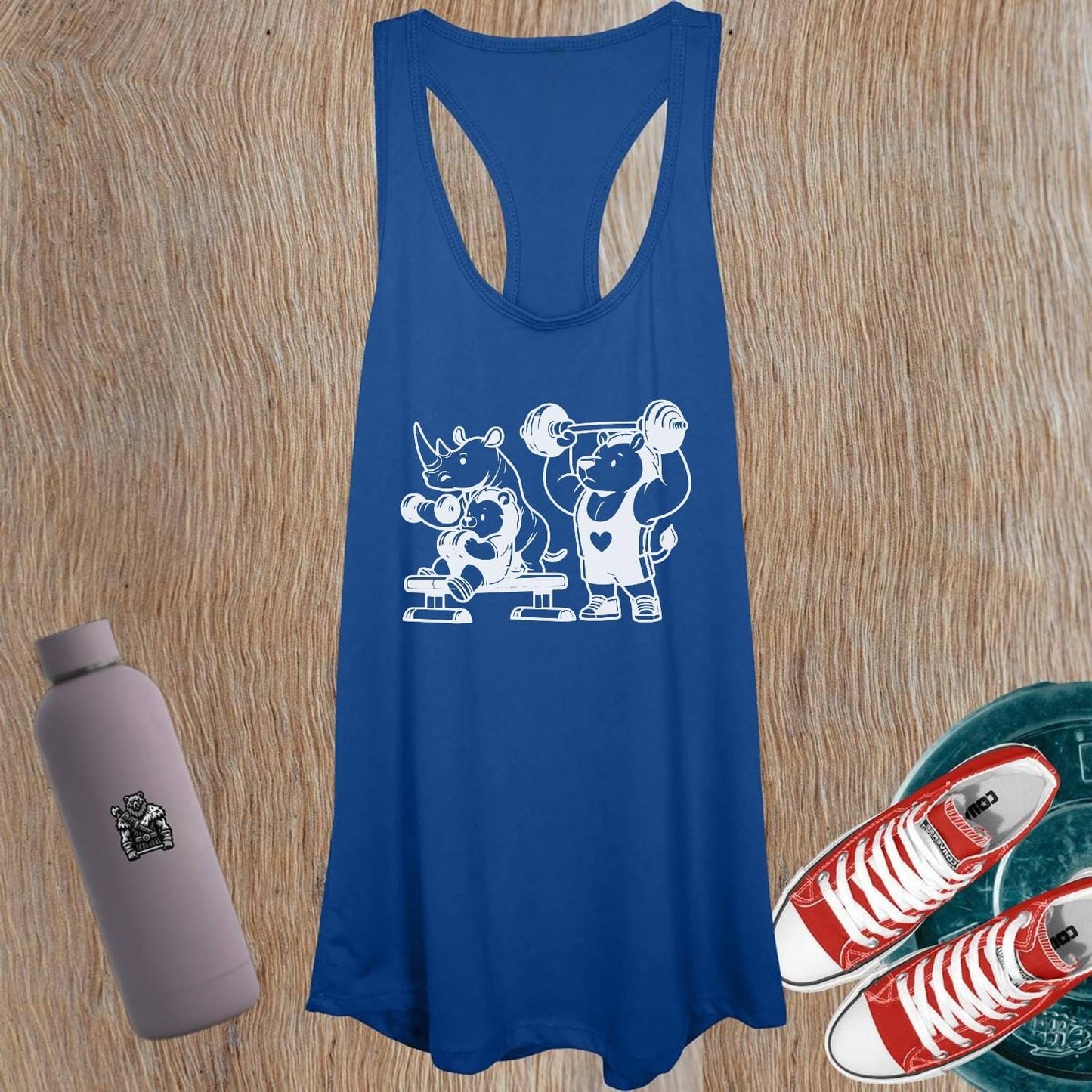 "Whimsical women's tank top featuring a playful animal gym crew, perfect for workouts or casual outings, combining style and comfort."