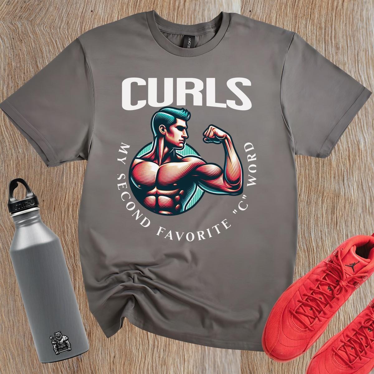 "Bold fitness T-shirt featuring 'CURLS: My Second Favorite C Word' design, ideal for gym enthusiasts showcasing strength and humor."
