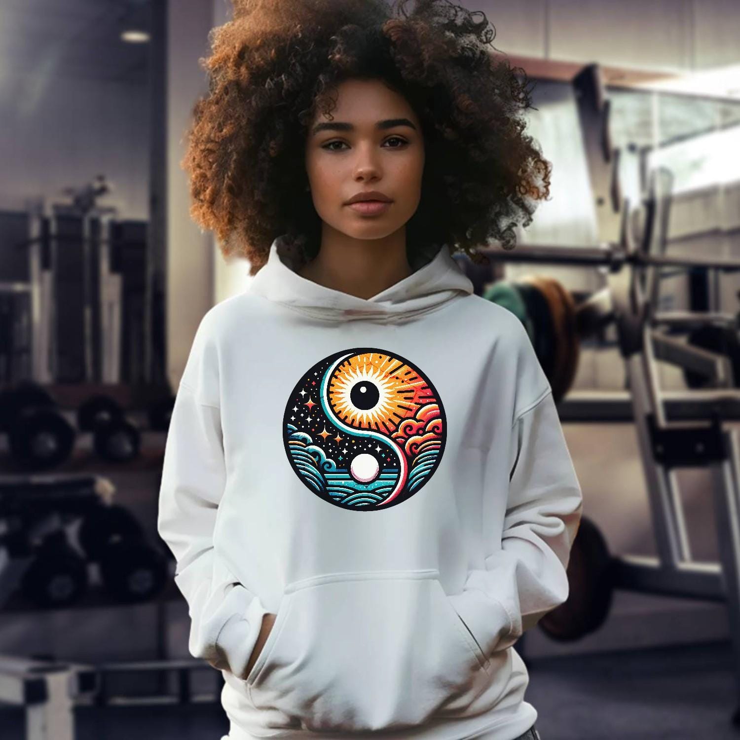 "Vibrant gym hoodie featuring a dynamic yin-yang design, symbolizing balance and harmony, perfect for active workouts and casual style."