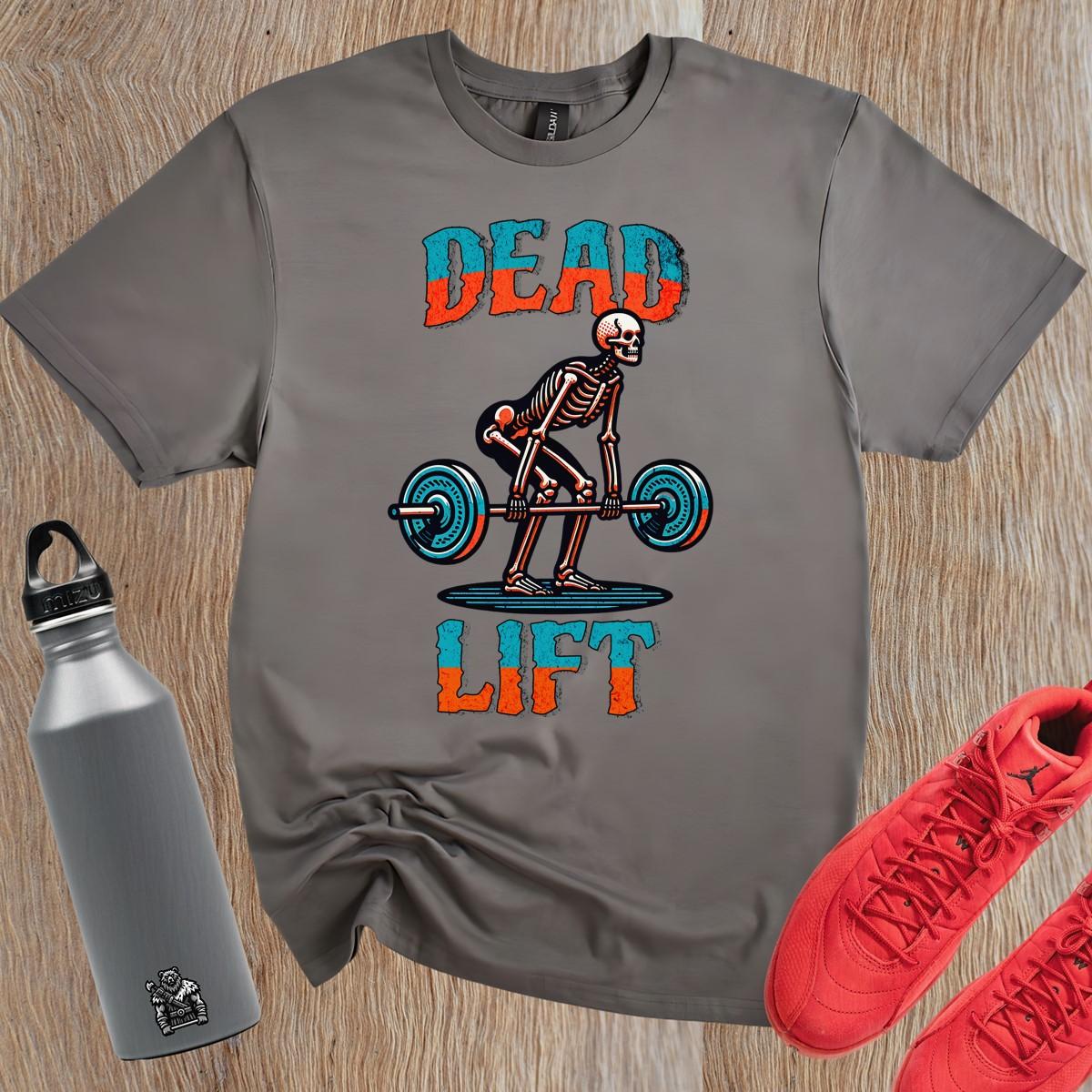 "Black 'Dead Lift' T-shirt featuring a bold skeleton graphic, ideal for fitness enthusiasts, showcasing passion for weightlifting."
